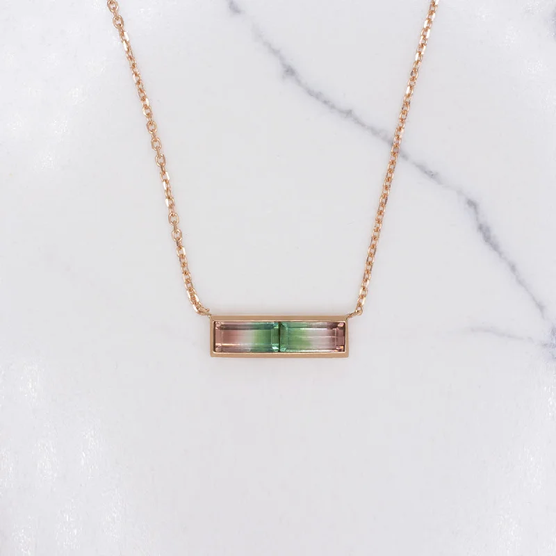 Gold Cross Necklaces-NATURAL WATERMELON TOURMALINE BAR NECKLACE ROSE GOLD PENDANT EAST WEST DAINTY