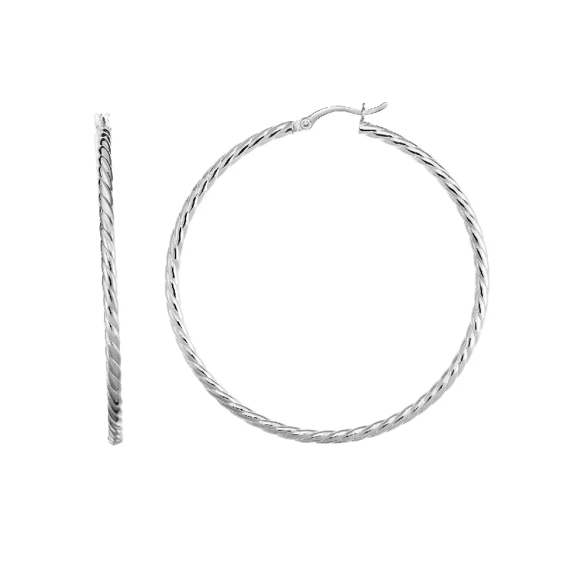 Simple Hoop Stud Earrings-Silver 50mm Twist Hoop Earring