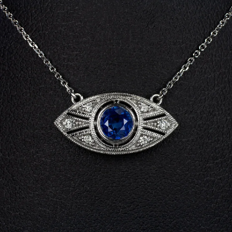 Glass Pendant Necklaces-VINTAGE STYLE SAPPHIRE DIAMOND PENDANT ART DECO 18 INCH NECKLACE ROUND CUT BLUE