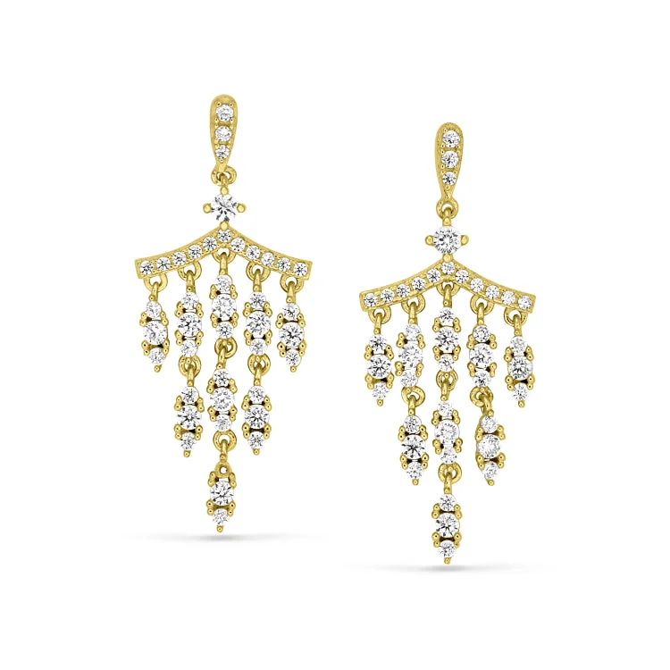 Sparkling Pearl Earrings-Gold Finish Sterling Silver Micropave Chandelier Earrings with Simulated Diamonds