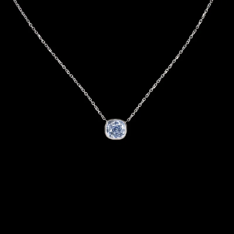 Sapphire Necklaces-LIGHT BLUE SAPPHIRE PENDANT NECKLACE CUSHION SHAPE BEZEL 14k WHITE GOLD 1.5ct