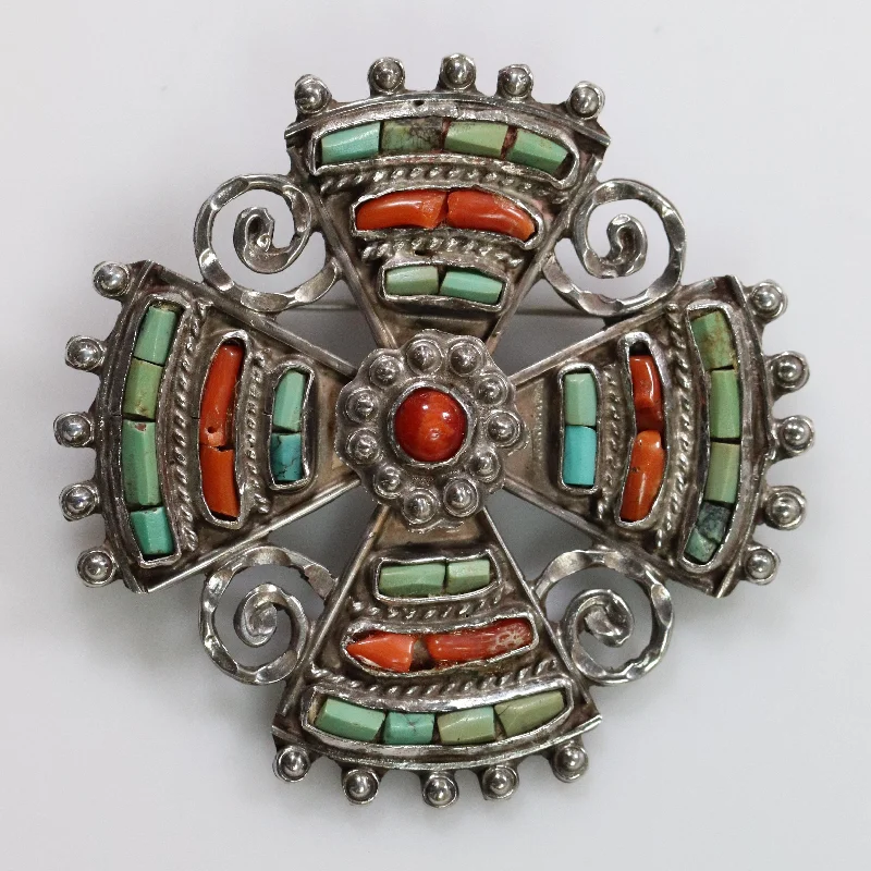 Brooch For Red Carpet Events-MATL Brooch | Matilde Poulat Coral and Turquoise Cross Pin | Vintage Sterling Silver Mexico