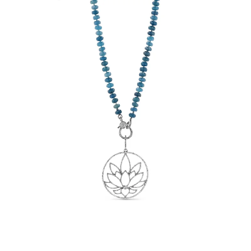 Bridal Necklaces-Diamond Lotus Flower on Paraiba Quartz Knotted Necklace N0002463