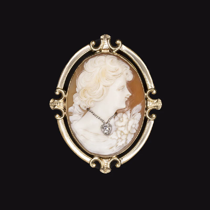 Gold Link Necklaces-VINTAGE CAMEO PENDANT DIAMOND 10K YELLOW GOLD BROOCH NECKLACE PIN ESTATE JEWELRY