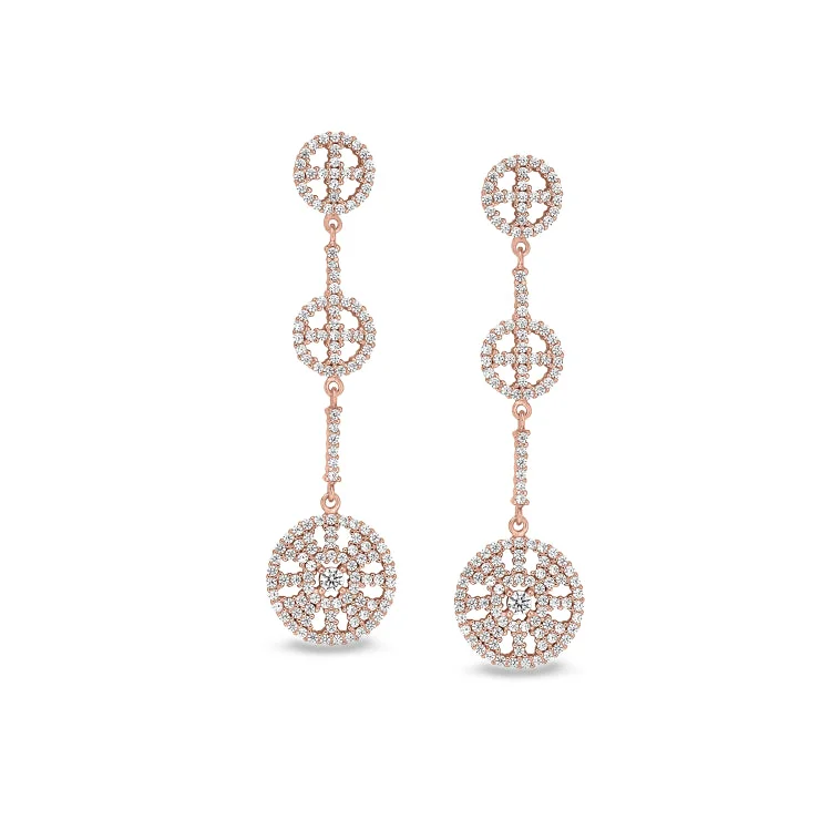 Artistic Hoop Earrings-Rose Gold Finish Sterling Silver Micropave Three Circle Drop Earrings with Simulated Diamonds