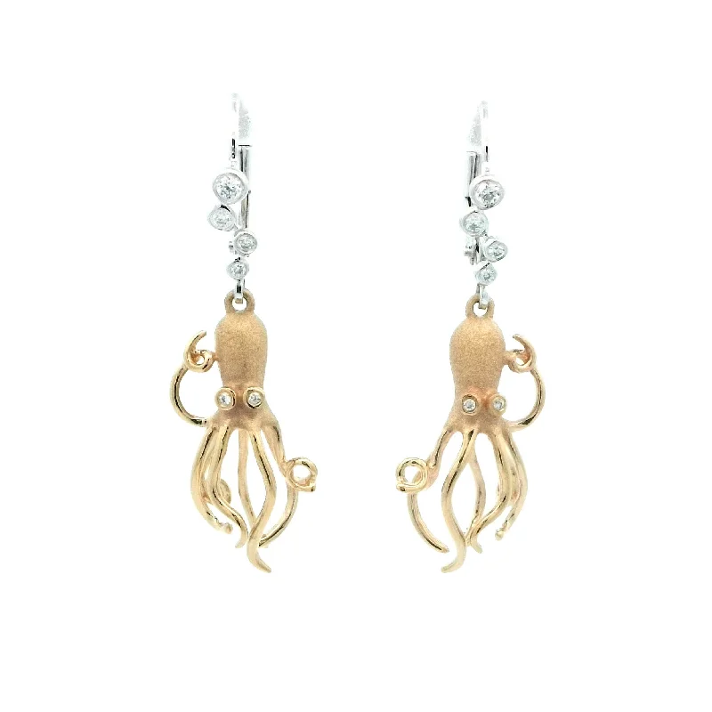 Fancy Gold Earrings-Octopus Leverback Earrings in Yellow Gold