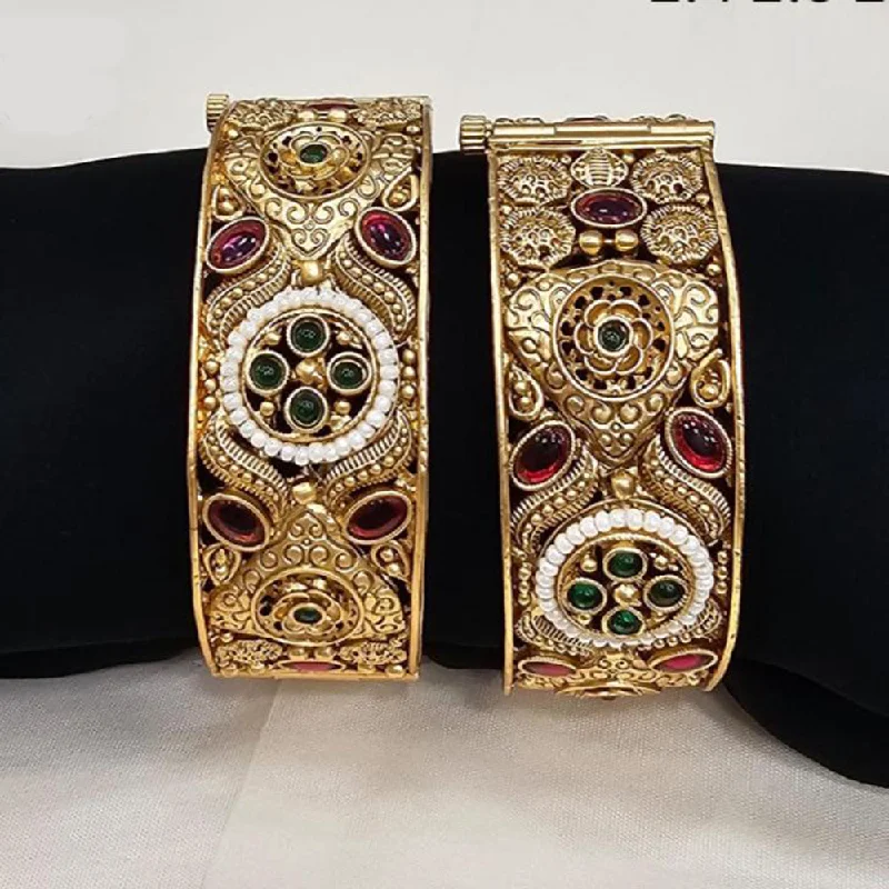 Bangles With Artistic Detailing-FS Collection Gold Plated Pota Stone Openable Bangle Set