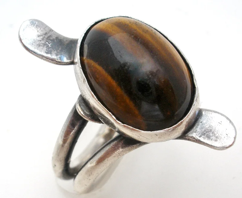 Sterling Silver Wedding Rings-Vintage Tiger's Eye Ring Sterling Silver Size 5.25