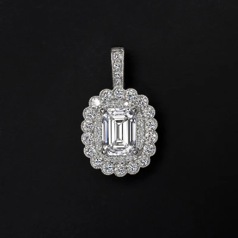 Elegant Diamond Necklaces-LAB CREATED DIAMOND PENDANT 1ct EMERALD CUT SCALLOPED DOUBLE HALO NECKLACE 14k