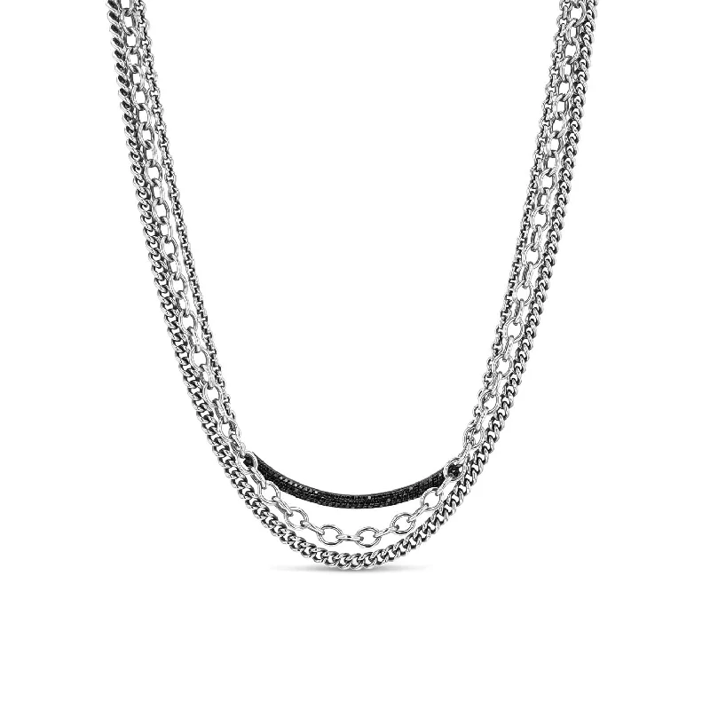 Charm Necklaces-Triple Chain Necklace with Black Diamond Smile Bar  N0002516