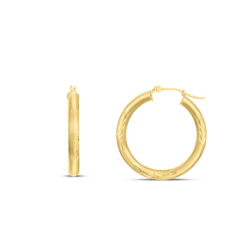 Custom Drop Hoop Earrings-14K Yellow Gold 3mm Diamond Cut & Polished Design Hoop Earring