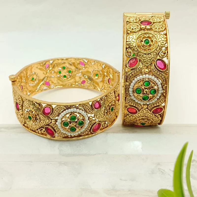 Bangles For North Indian Weddings-FS Collection Gold Plated Pota Stone And Pearls Openable Bangle Set