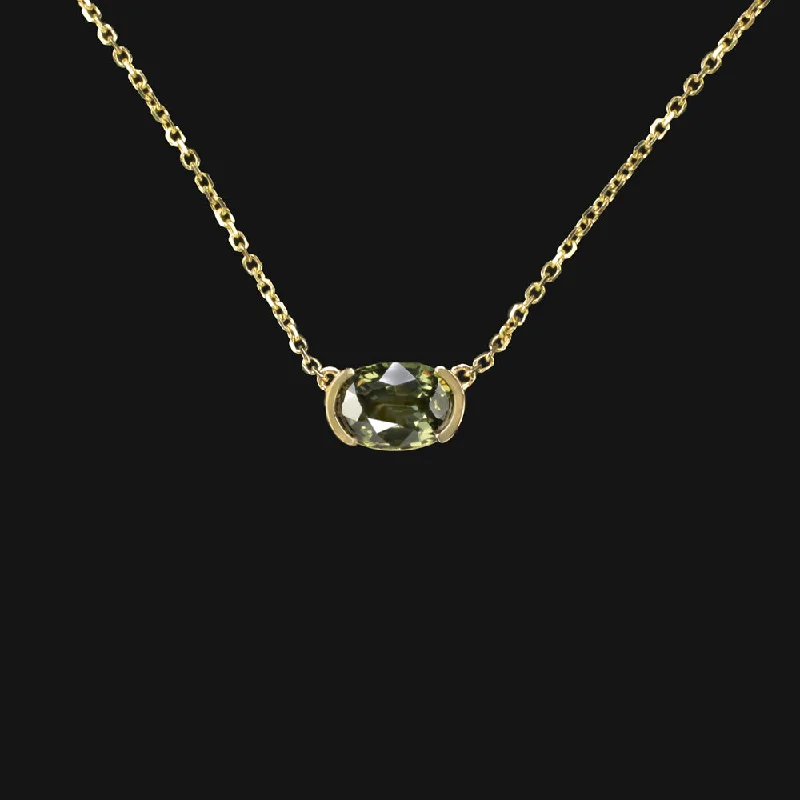 Silver Chain Necklaces-GREEN SAPPHIRE PENDANT NECKLACE OVAL CUT EAST WEST 14k YELLOW GOLD NATURAL 1.18c