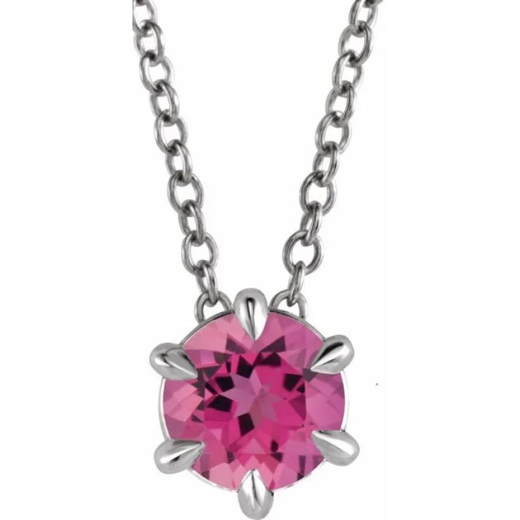 Classic Chain Necklaces-Sterling Silver 6 mm Natural Pink Tourmaline Solitaire 16-18" Necklace