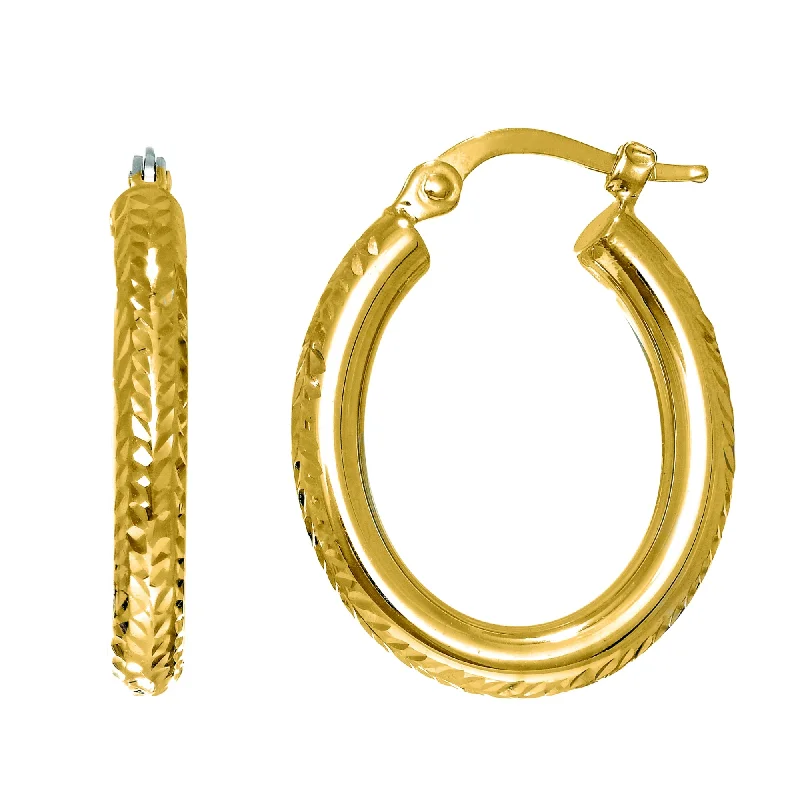 Modern Gemstone Earrings-14K Gold Hinged Oval Diamond Cut Hoop Earring