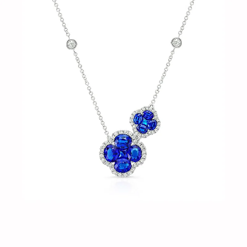 Geometric Silver Necklaces-Sapphire and Diamond Two Piece Halo Necklace in 18K White Gold, 16in