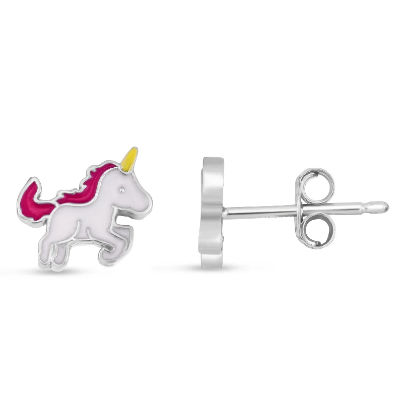 Sparkly Drop Earrings-Silver Enamel Unicorn Studs