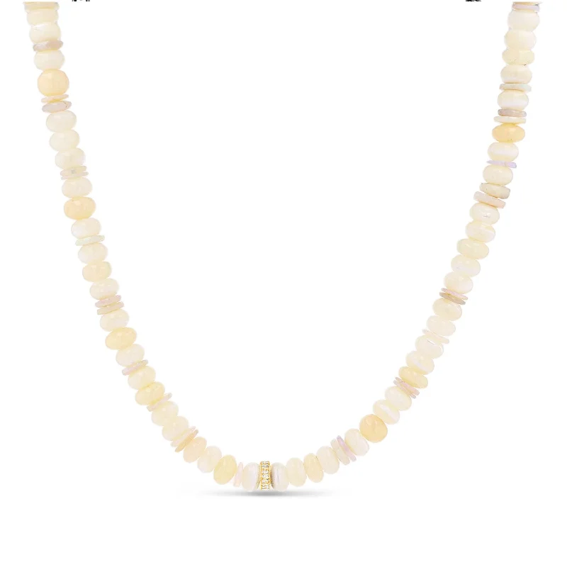 Round Pendant Necklaces-14K Mother of Pearl & Opal Necklace with 14K Diamond Rondelle - 17-18"  NG002747