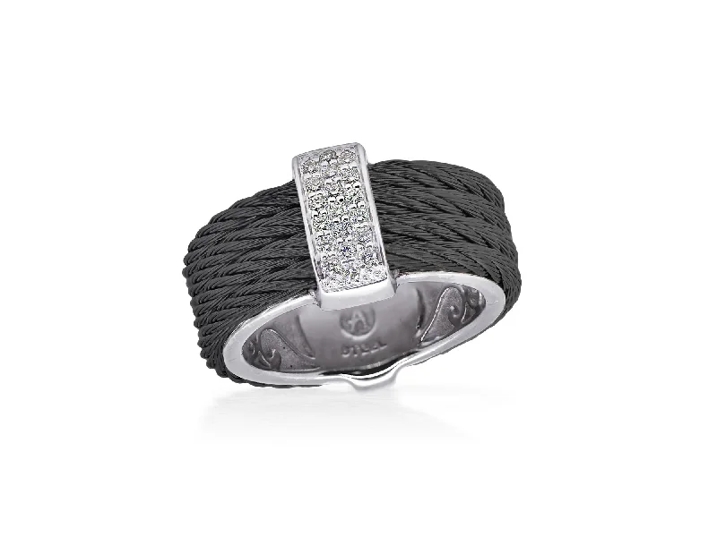 Men’s Wedding Rings With Gemstones-ALOR Black Cable Petite Monochrome Ring with 18kt White Gold & Diamonds