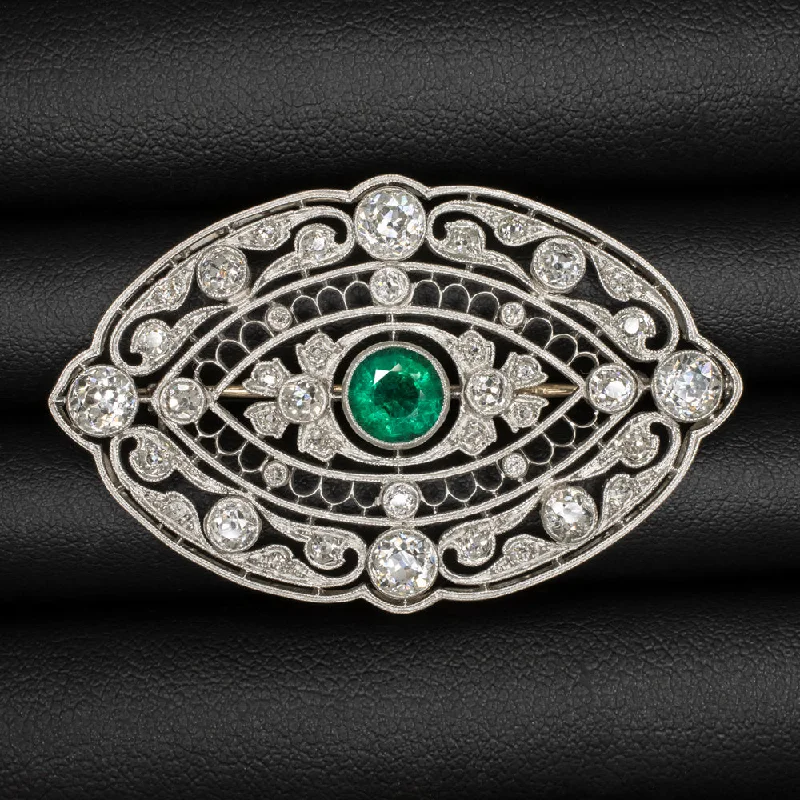 Gold and Diamond Necklaces-ART DECO EMERALD DIAMOND PIN PENDANT OLD CUT PLATINUM VINTAGE FILIGREE NECKLACE