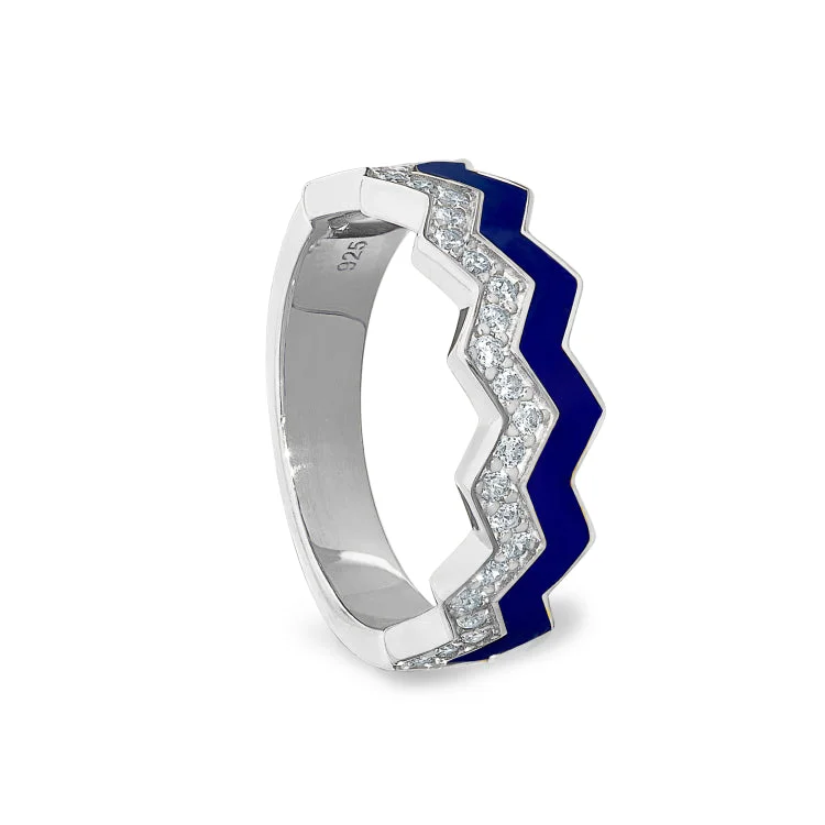 Wedding Bands For Women-Platinum Finish Sterling Silver Micropave Ring with with Navy Enamel and Simulated Diamondss