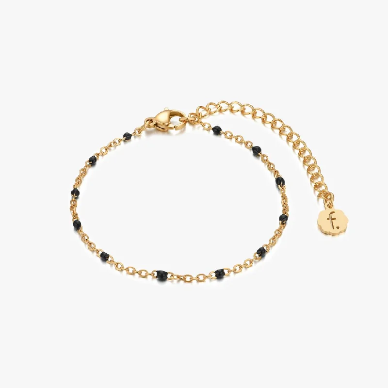 Bracelets With Nature Motifs-Black Enamel Beaded Bracelet in Gold