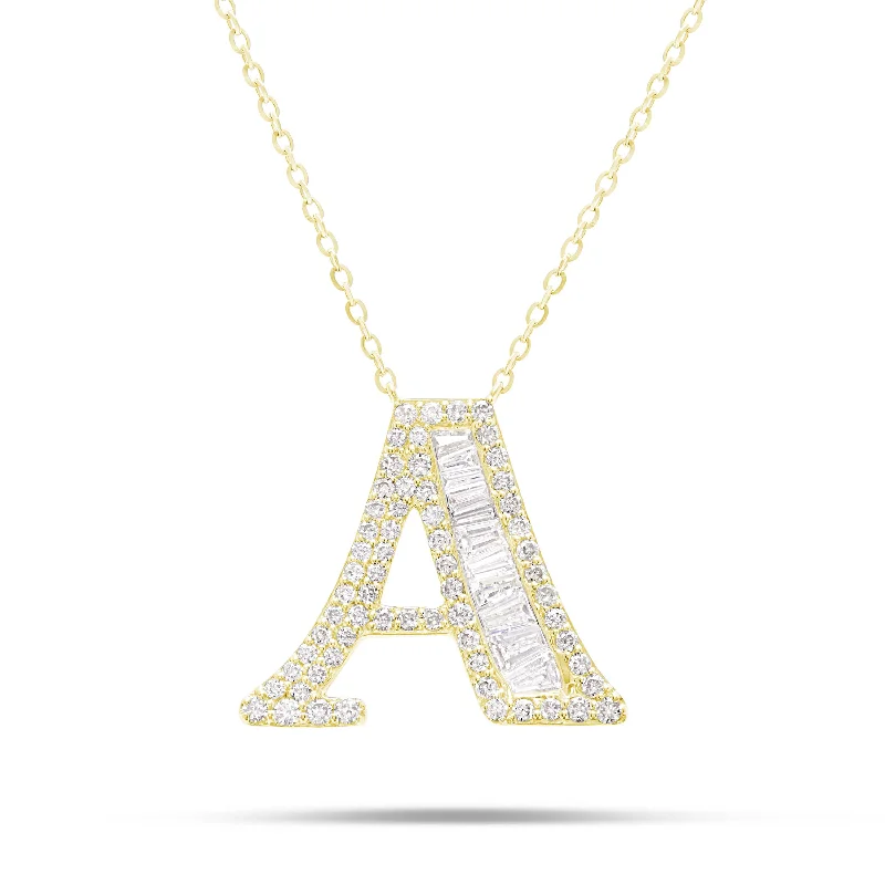 Personalized Pendant Necklaces-10K Gold 2.40ct Baguette & Round Diamond Initial Necklace