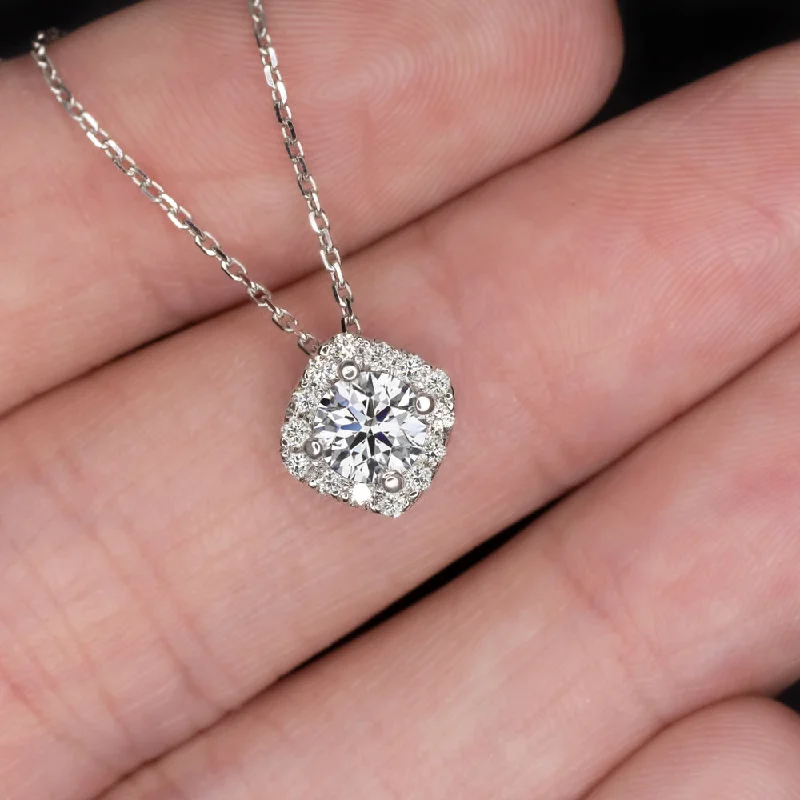 Sterling Silver Necklaces-LAB CREATED DIAMOND PENDANT EXCELLENT IDEAL ROUND CUT CUSHION HALO NECKLACE 14k