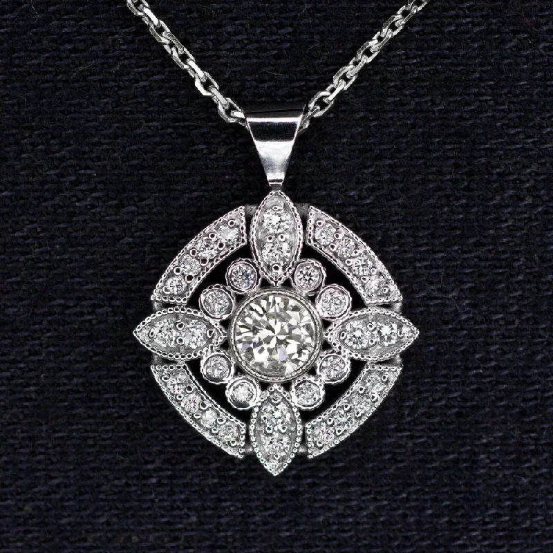 Small Pendant Necklaces-NATURAL DIAMOND PENDANT VINTAGE STYLE HALO NECKLACE ART DECO 14k WHITE GOLD